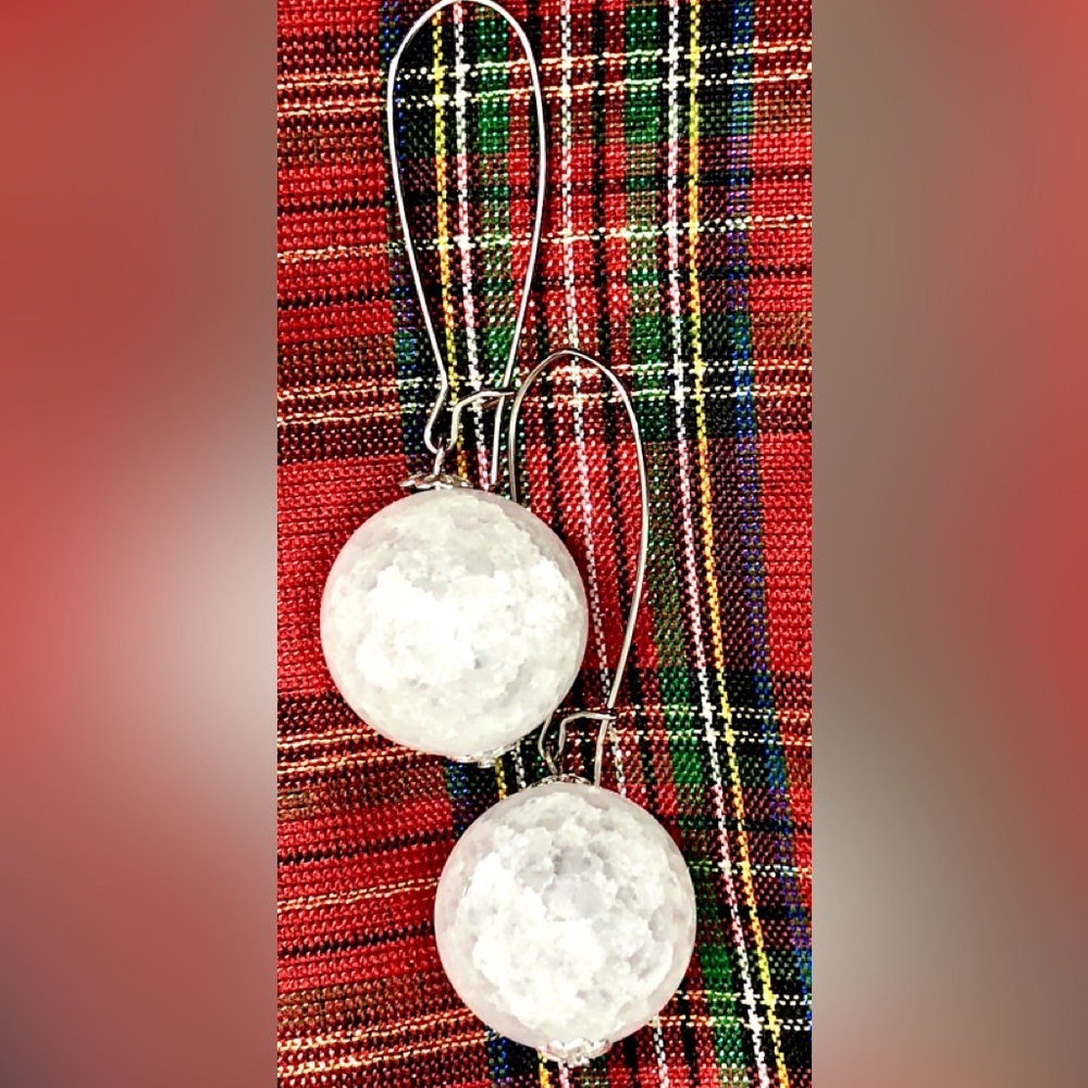 White Cracked Crackle Quartz Matte Big Winter Snowball Long Fancy Hook Earrings